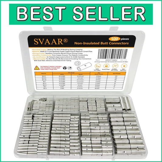 500 PCS Non-Insulated Butt Connectors - Marine Grade Tinned Copper 6-26 AWG