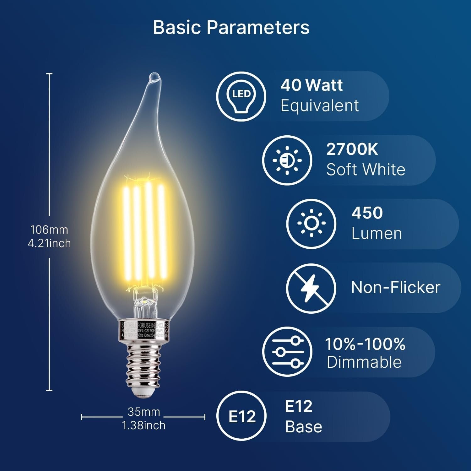 Elegant 24 Pack Dimmable E12 LED Chandelier Bulbs - 40W Incandescent Equivalent