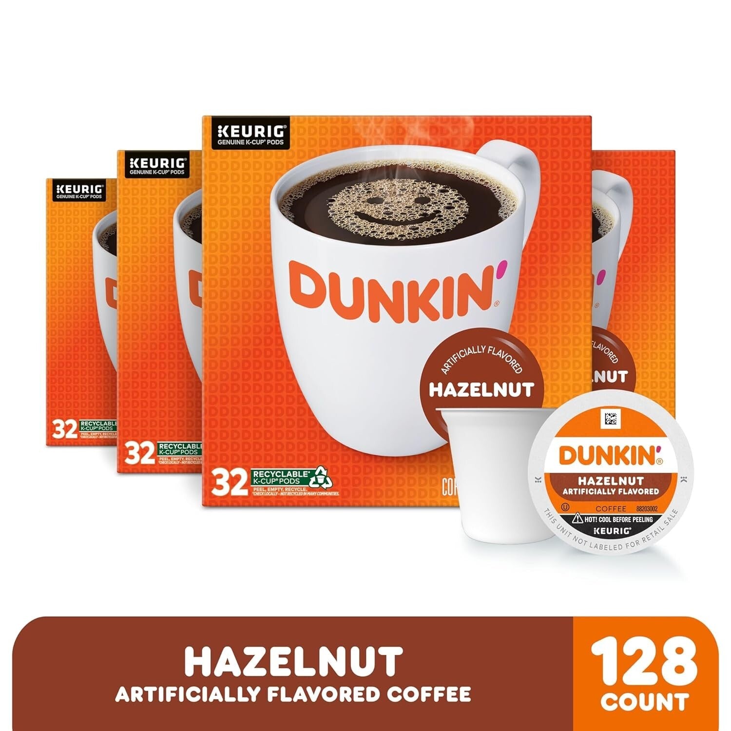 Dunkin Hazelnut Flavor K-Cup Pods, 128 Count for Effortless Coffee Indulgence