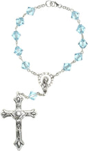 Load image into Gallery viewer, Unique 8-Inch Auto Clasp Rosary with Aquamarine Beads &amp; Silver Plate Crucifix