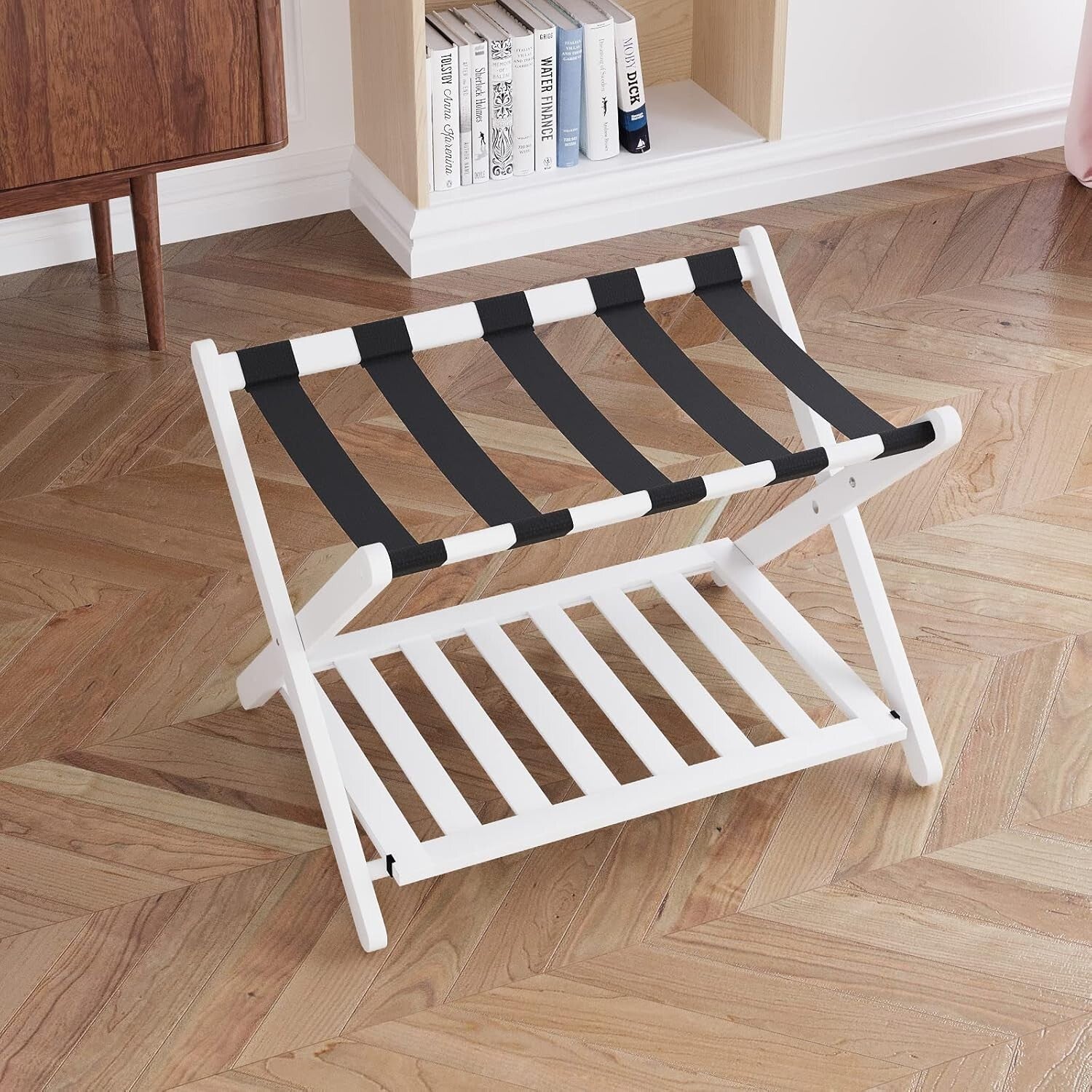 Elegantly Foldable Bamboo Luggage Rack with Upgraded 5 Nylon Straps, 1 Pc