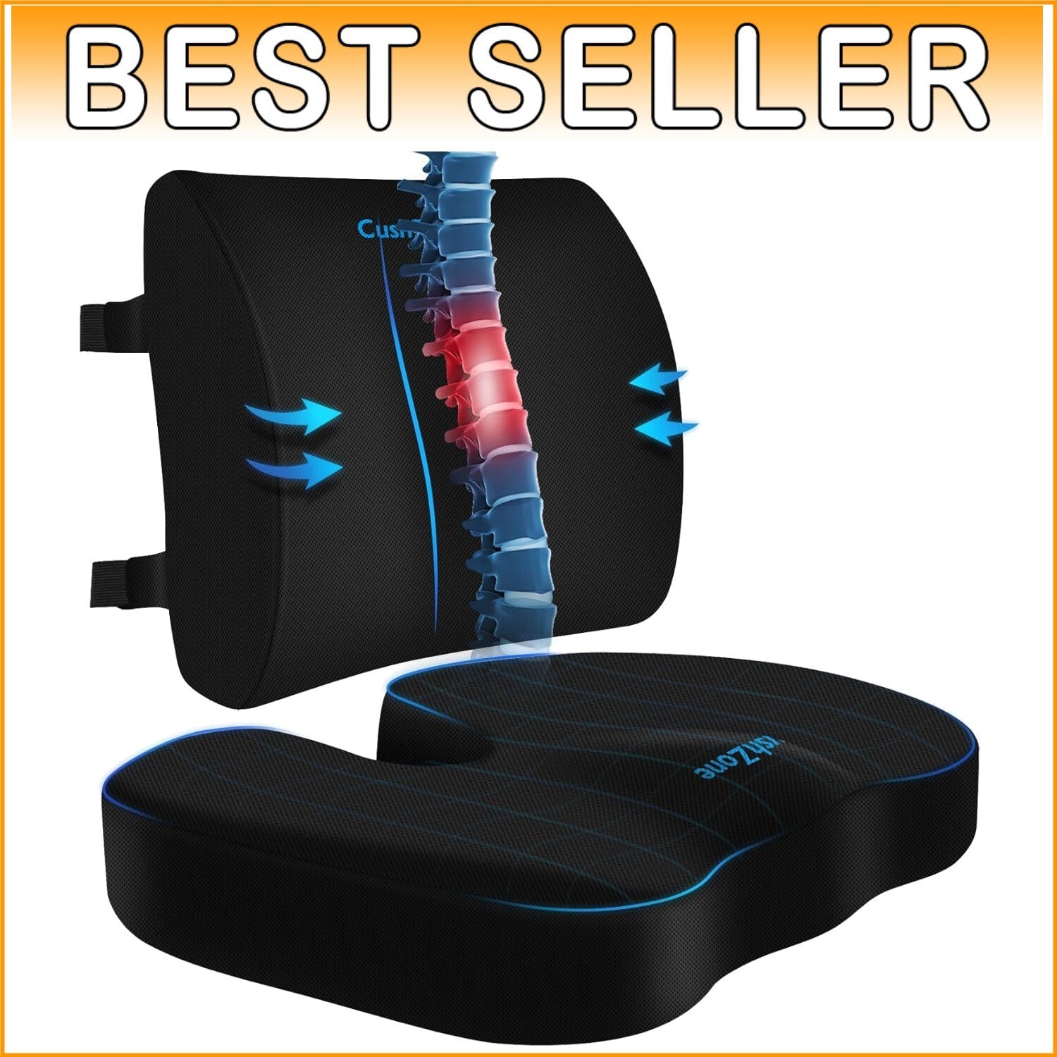 X-Large Memory Foam Seat Cushion & Lumbar Pillow with Adjustable Strap – Black