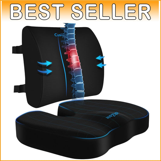 X-Large Memory Foam Seat Cushion & Lumbar Pillow with Adjustable Strap – Black