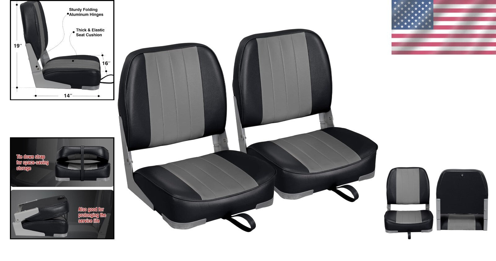 Lightweight Folding Boat Seats - Marine Vinyl with Cushion for Fishing Comfort
