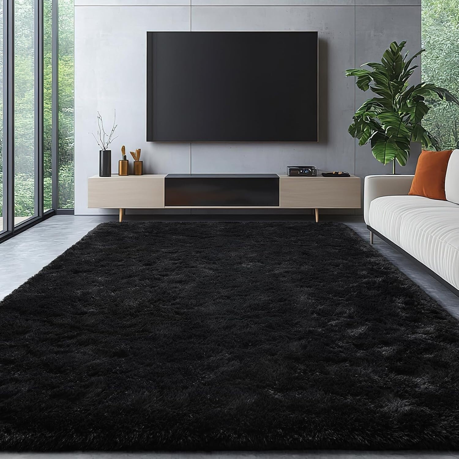Fluffy Black Area Rug 6' x 9' - Machine Made Soft Rug for Kids & Living Rooms