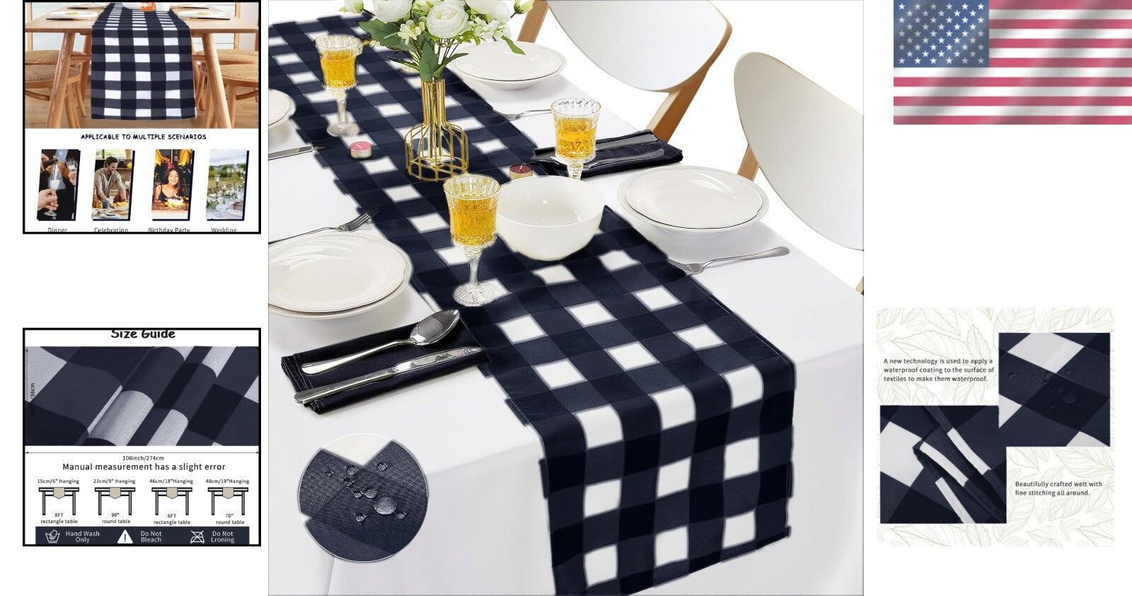 Durable Waterproof Table Runners - 12-Pack 14x108 Gingham for Parties & Weddings
