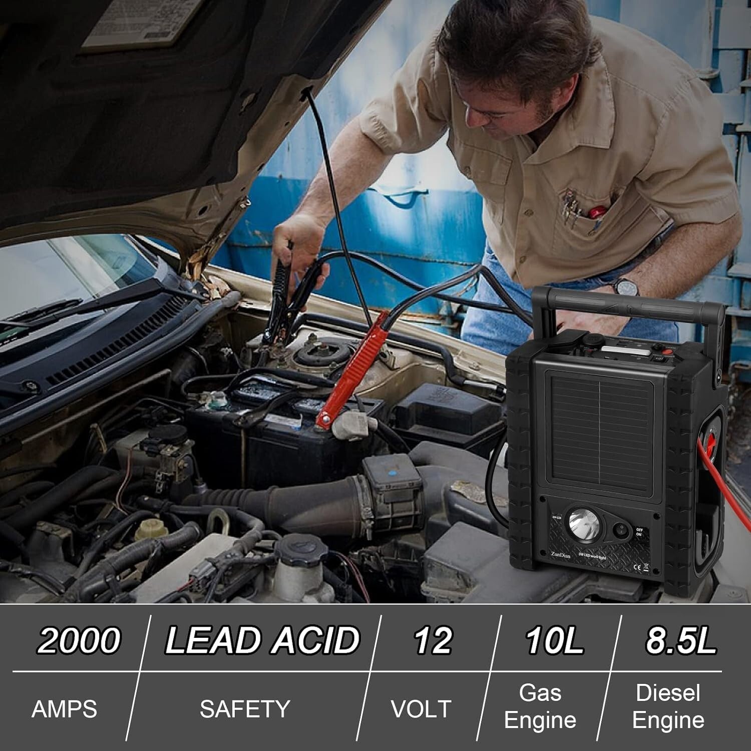 All-in-One Car Jump Starter, Tire Inflator, and Power Source with Solar Recharge