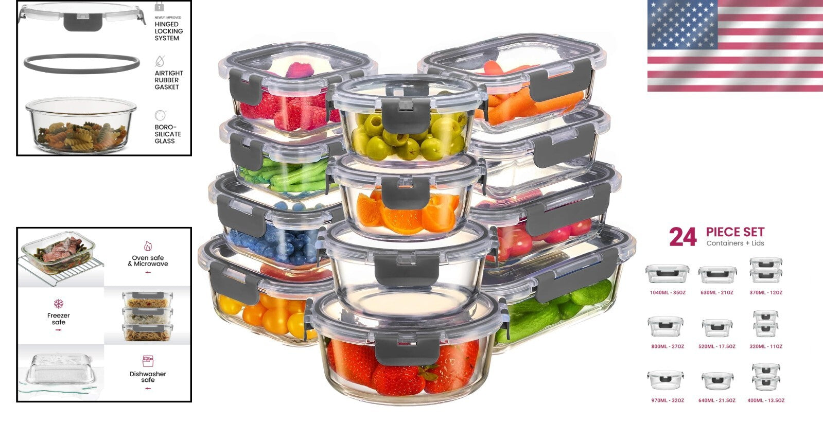 Durable 24-Piece Set of Glass Meal Prep Containers - Airtight & Stackable Design