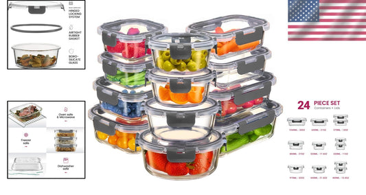 Durable 24-Piece Set of Glass Meal Prep Containers - Airtight & Stackable Design