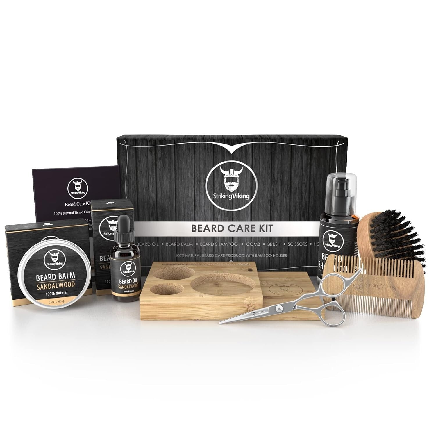 Complete Beard Care Set: Shampoo, Oil, Balm, and Combs in Wooden Caddy