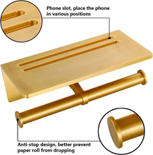 Load image into Gallery viewer, Dual Roll Toilet Paper Holder &amp; Shelf in Brushed Gold - Easy Installation