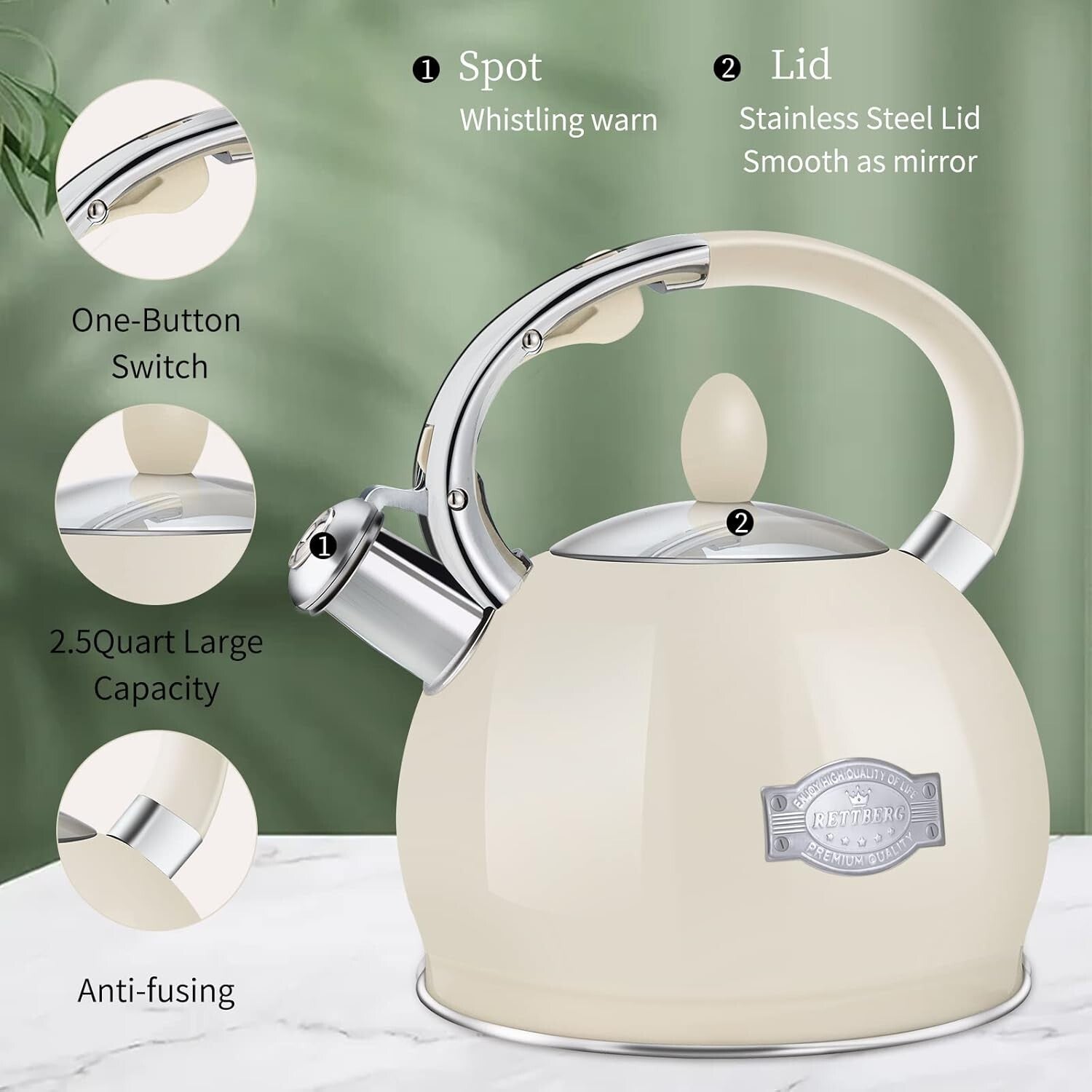 Stovetop Tea Kettle - Ergonomic 2.64 Quart Stainless Steel Whistling Kettle