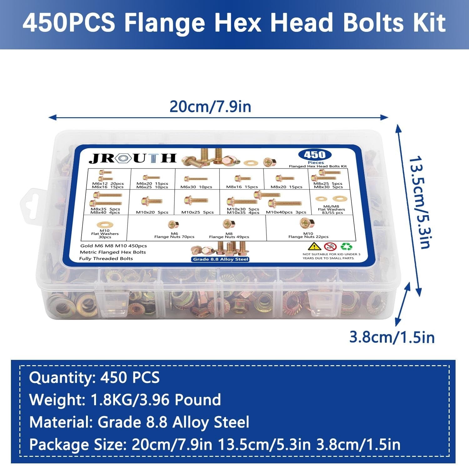 Complete 450PC Flanged Hex Head Bolt Set - Zinc Plated M6, M8, M10 Fasteners