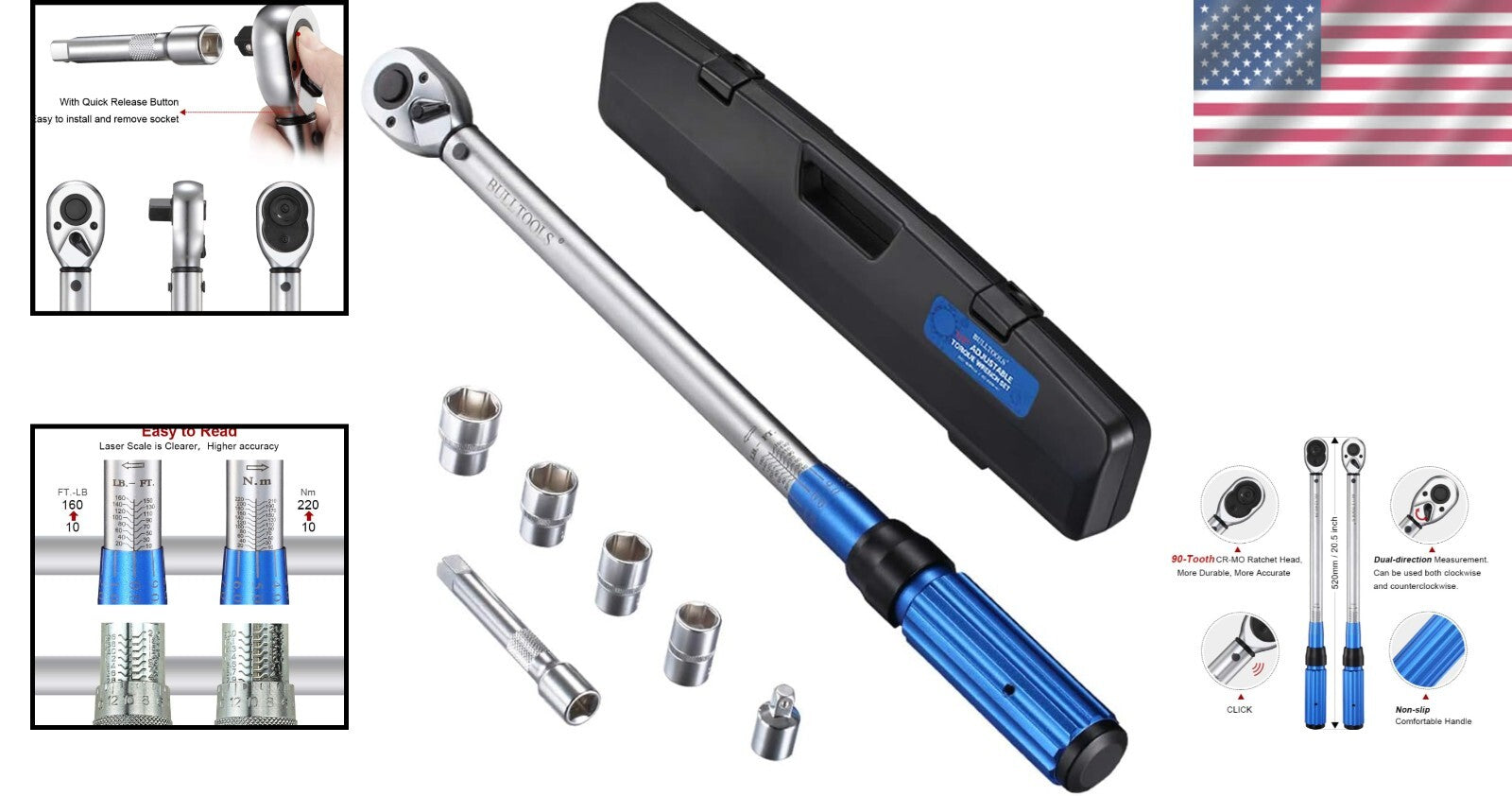 Dual-Direction 1/2'' Drive Click Torque Wrench - 10-160 ft.lb Precision Tool