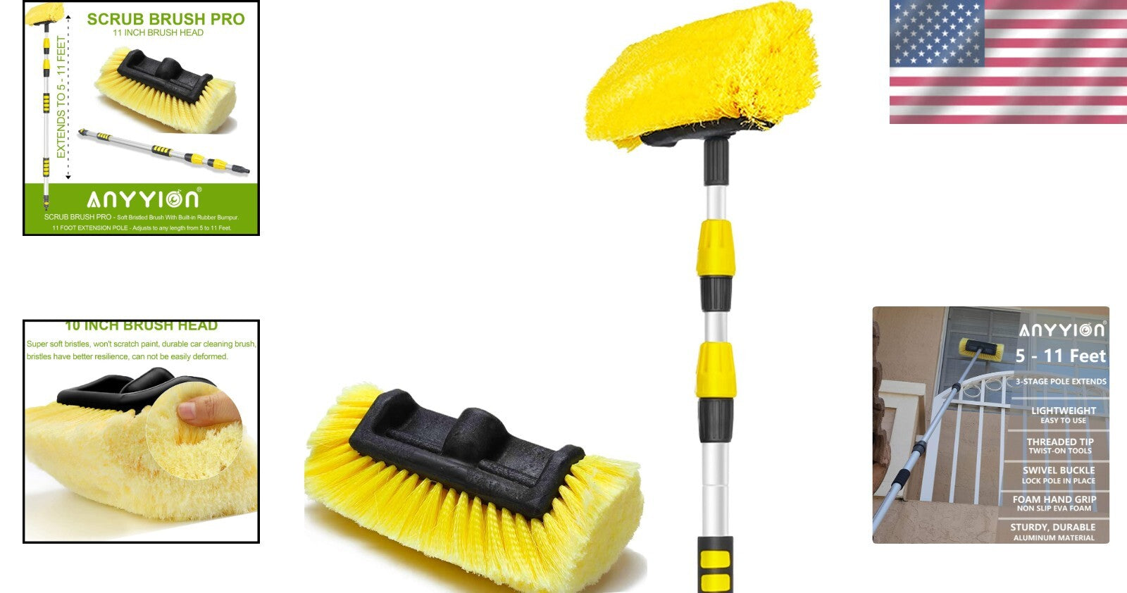 Extendable 11-Foot Car Wash Brush - Multi-Purpose Soft Bristles for All Surfaces