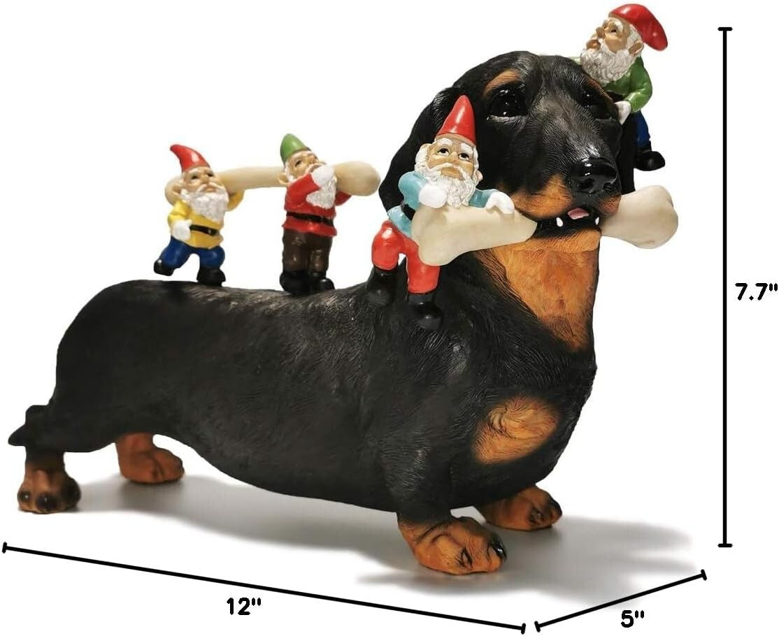 Funny Dachshund Gnome Collecting Bones - 12" Outdoor Statue for Gardens