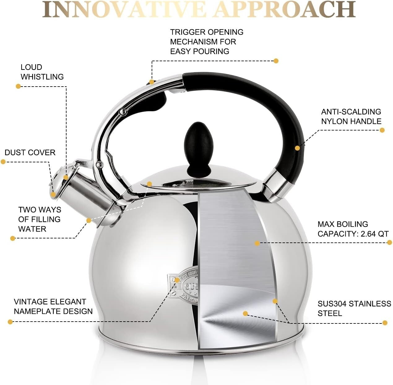 Elegant 2.64 Qt Whistling Stove Top Kettle with Anti-Scald Mitt for Safe Pouring