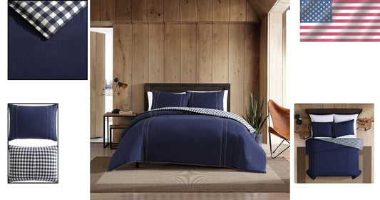 King Comforter Set - Reversible Cotton Bedding with Plaid Shams in Kingston Navy