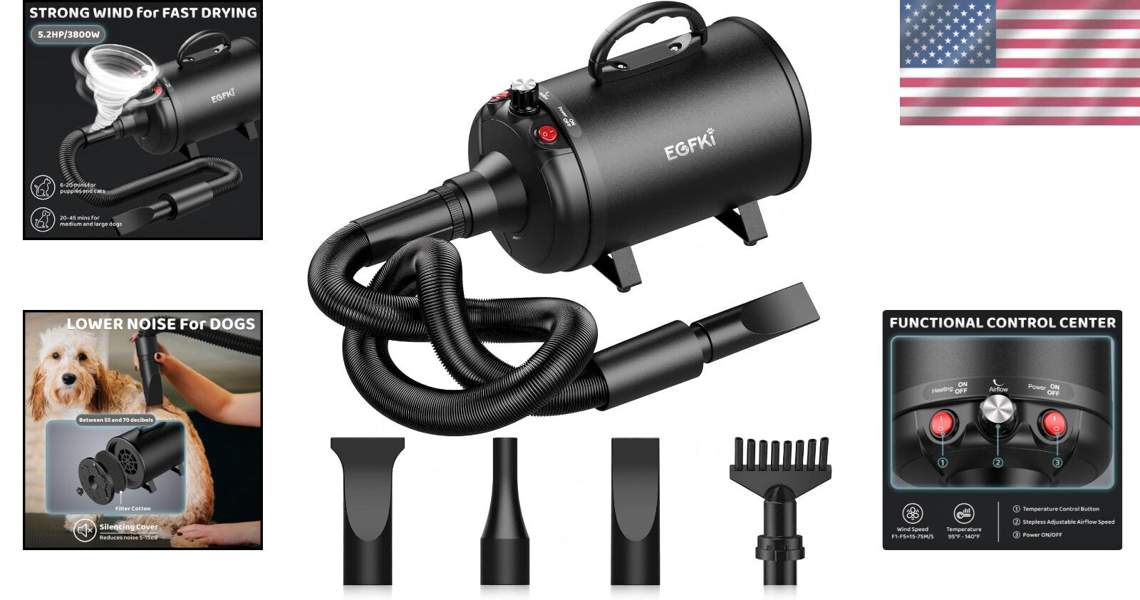 Metal Dog Hair Dryer - 3800W High Velocity with Adjustable Settings & Insulation