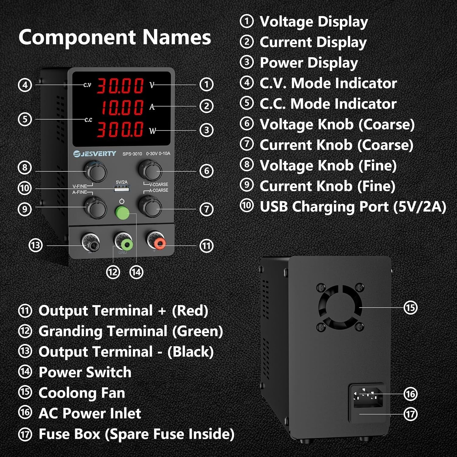 Lightweight 0-30V 10A Power Supply with 4-Digit Display & Coarse/Fine Adjustment