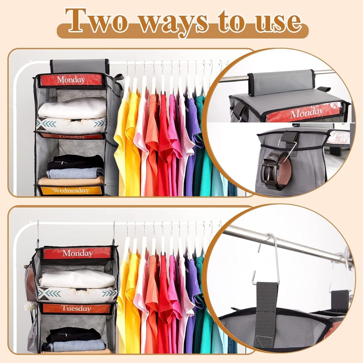 Durable Weekly Clothes Organizer - 2 Pack Hanging Design for Kid's Closet