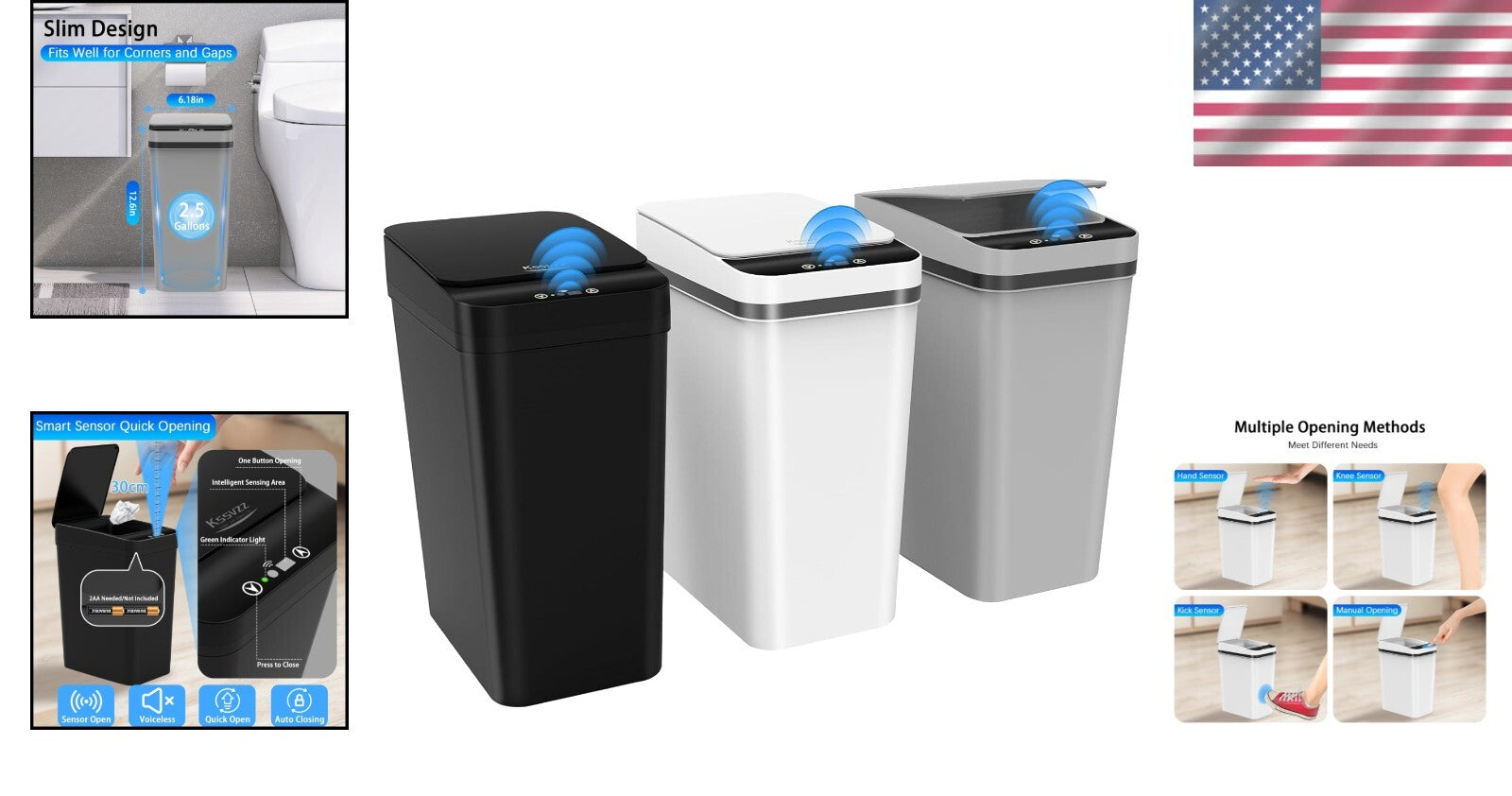 Slim Automatic Trash Can Bundle - Waterproof 2.5 Gallon Waste Bins for Home