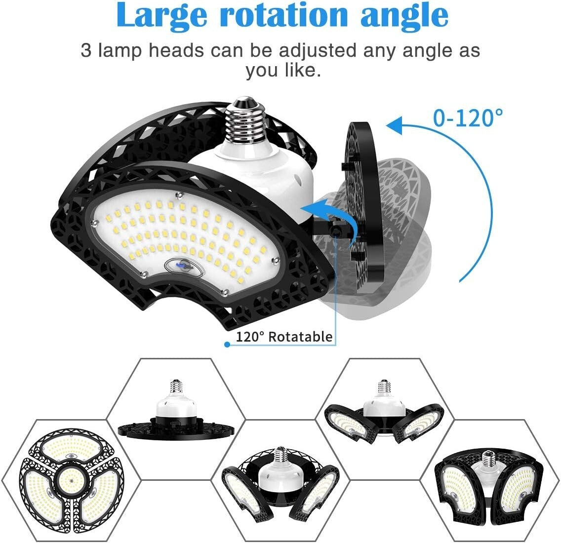 Energy-Efficient 80W LED Garage Light - 3 Adjustable Panels, 12000 Lumens