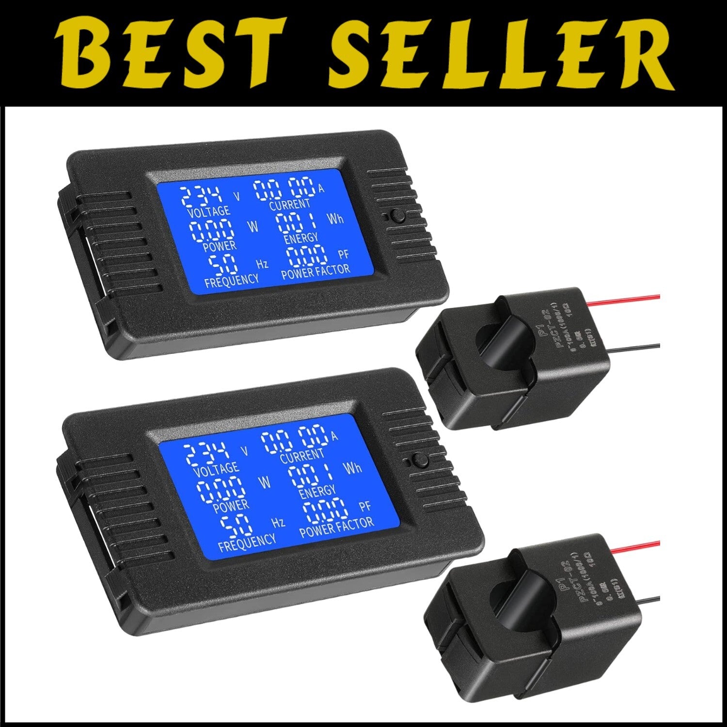 2-Pack LCD Digital AC Power Meters with 100A CT for Home & Business Use