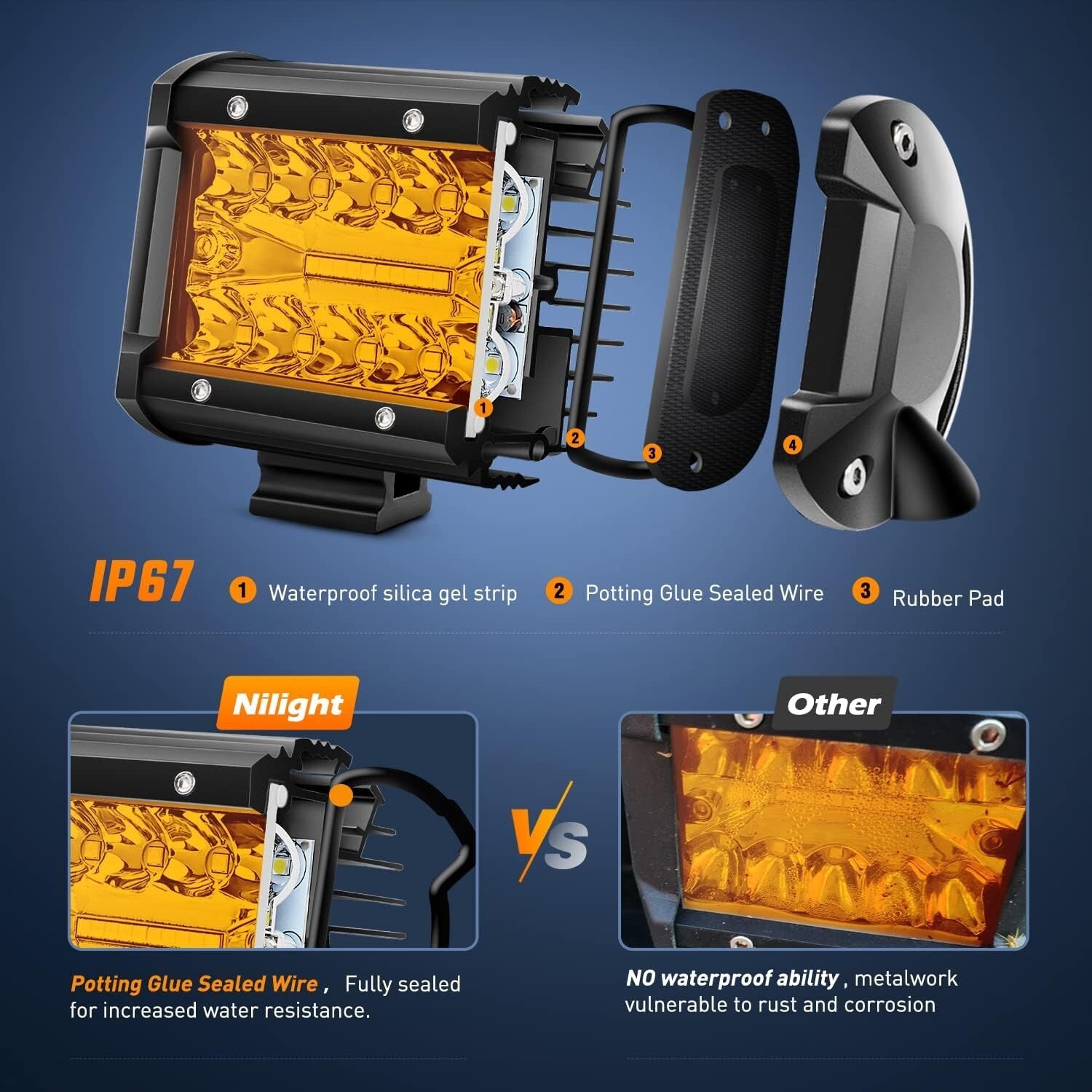 Rugged 4-Inch Amber LED Flood Spot Pods - Dual Beam Light with Harness