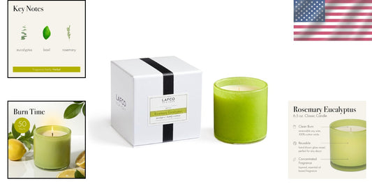 Elegant 6.5 oz Rosemary Eucalyptus Candle in Reusable Glass Vessel - 50 Hours