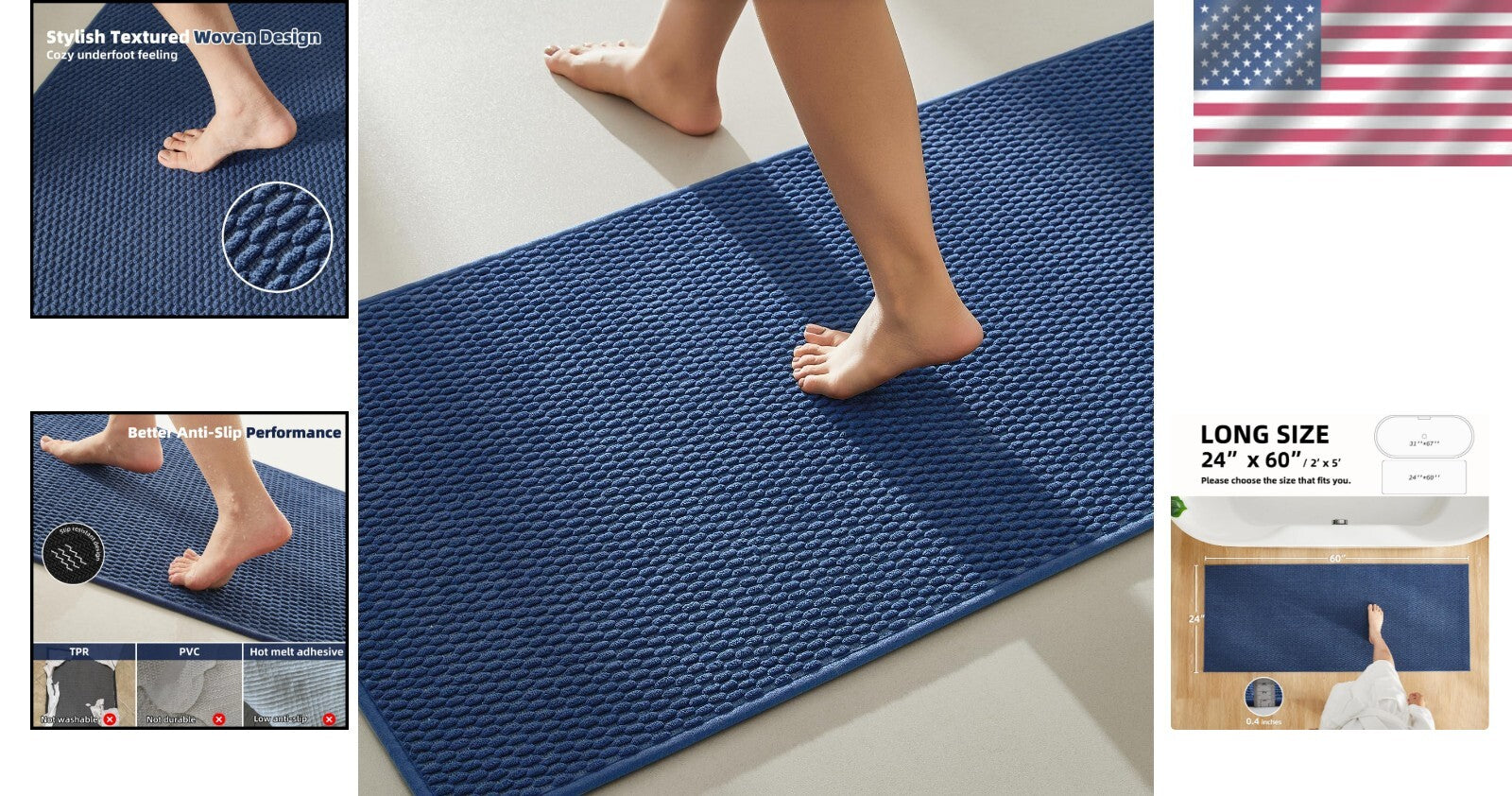 Elegant Quick Dry Navy Blue Bath Mat - Washable Non-Slip Runner Rug 24x60