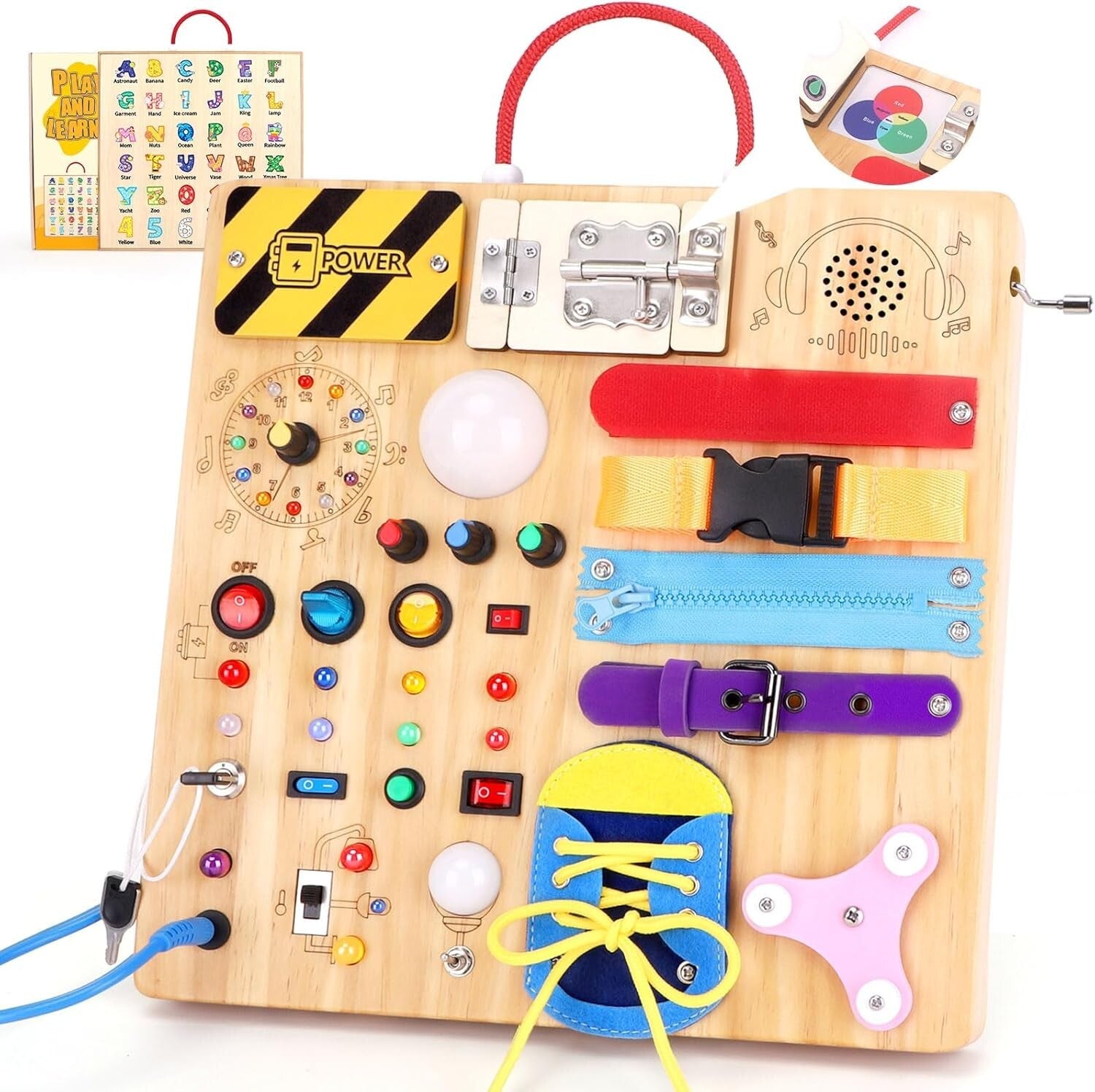 Travel-Friendly Montessori Busy Board with 15 Switches & 26 LED Lights for Kids