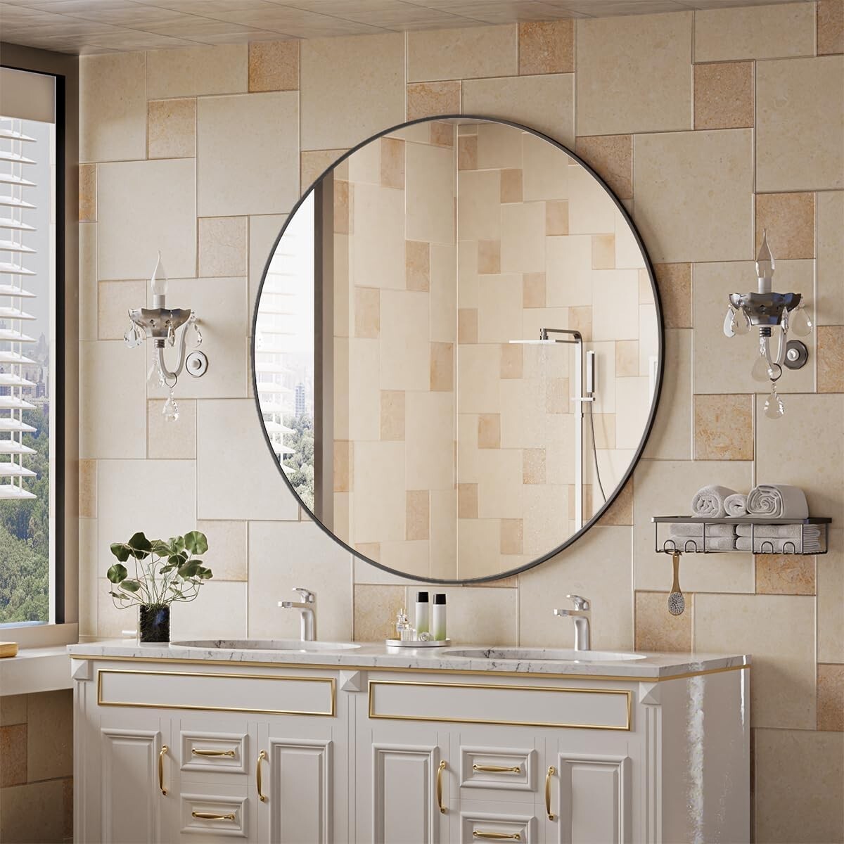 42-Inch Round Wall Mirror - Elegant Black Aluminum Frame for Versatile Decor