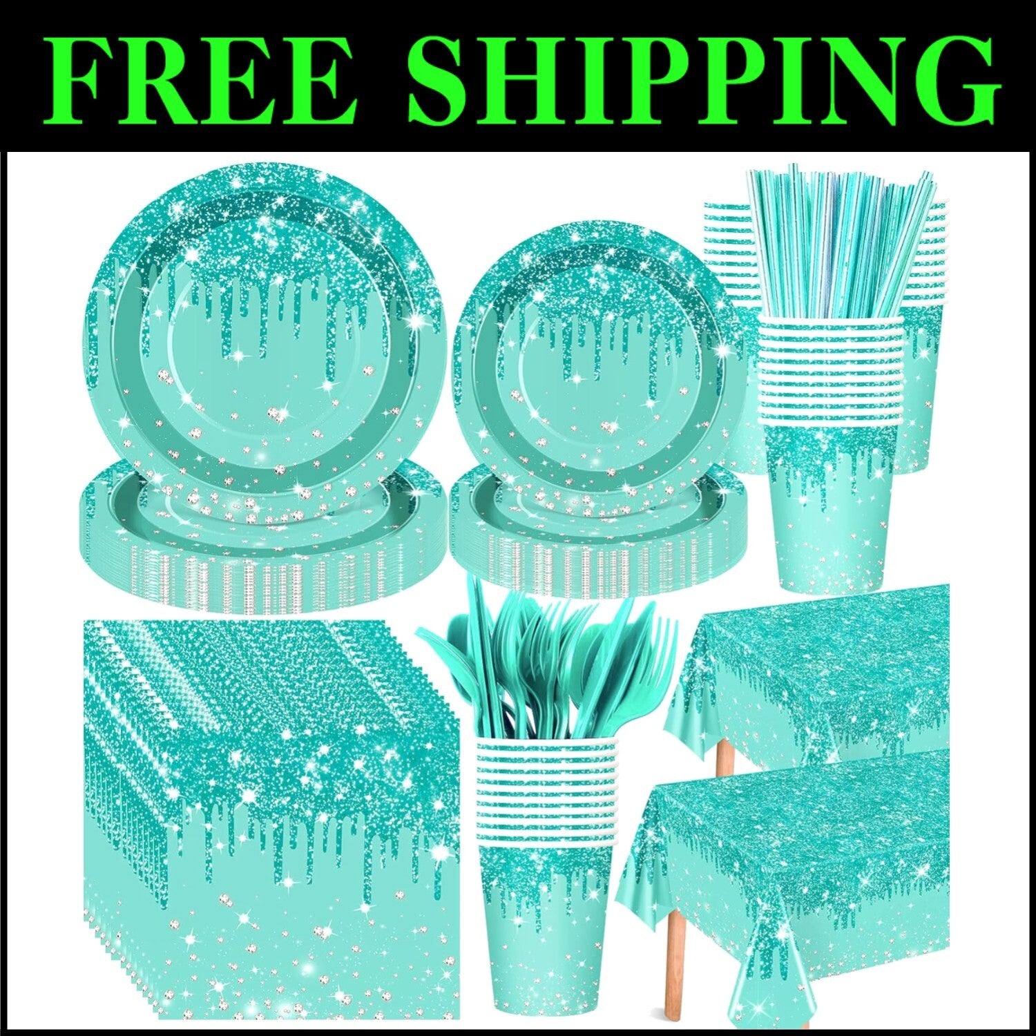 Elegant 452 Pcs Teal & Silver Birthday Party Set - Plates, Cups, Cutlery & More