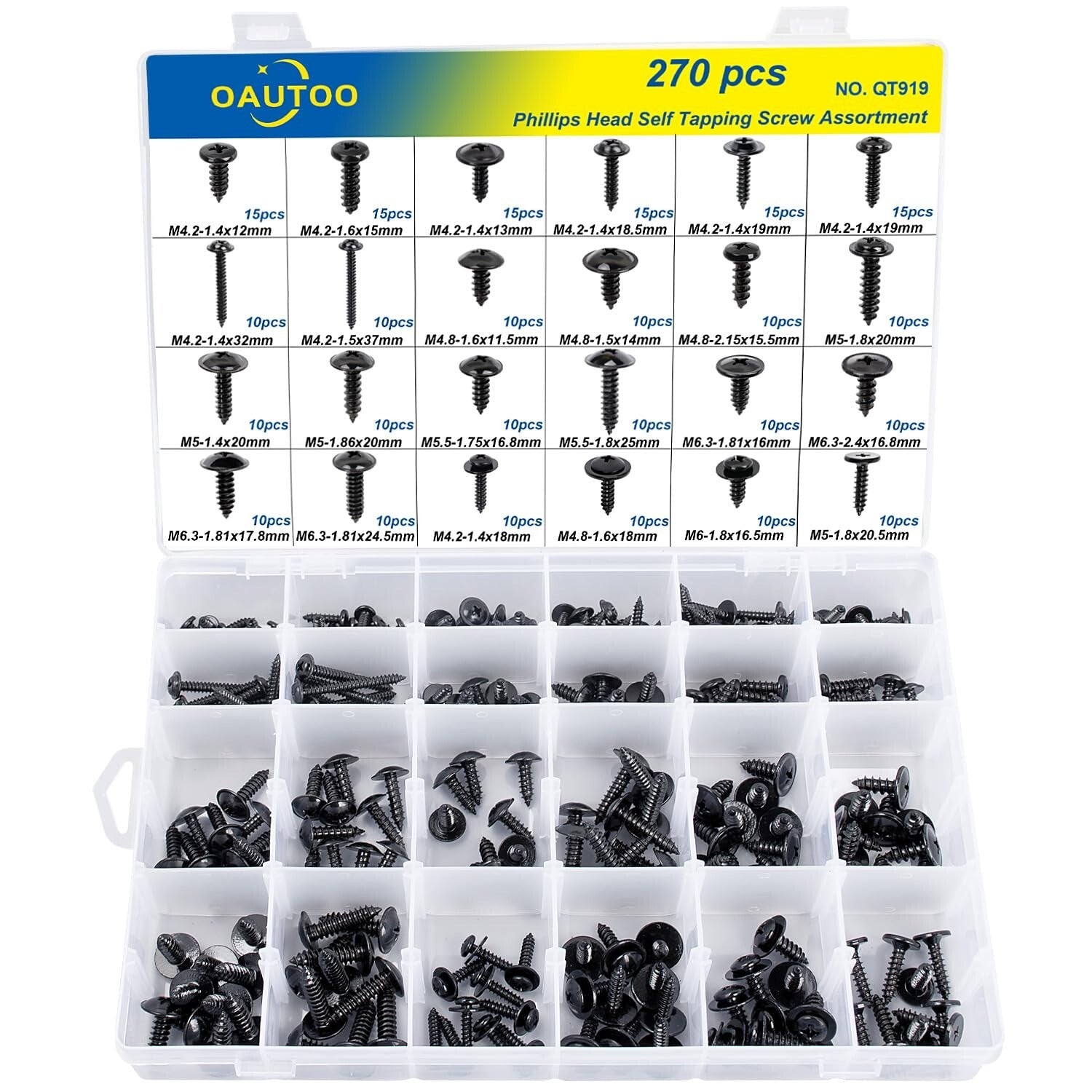 270pcs Phillips Head Self-Tapping Screw Assortment Kit for Automotive Repairs