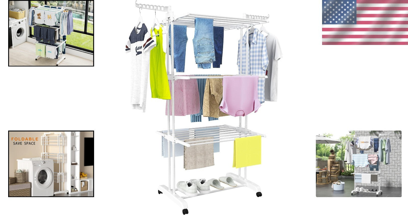 4-Tier Clothes Drying Rack with Castors - Stable, Rust-Resistant, and Durable