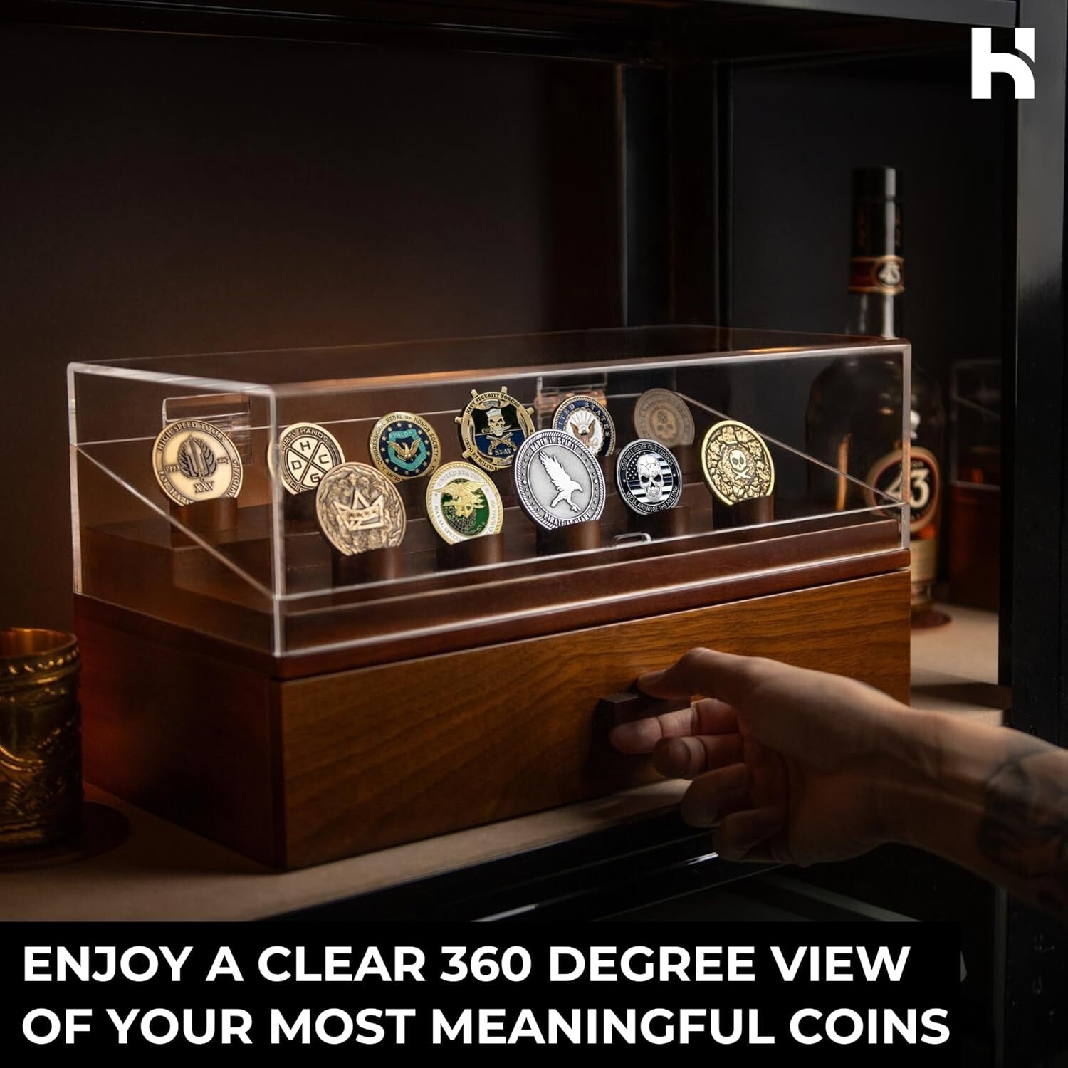 Elegant Handcrafted Coin Display Case for 50 Coins - 360° Views & Luxury Finish