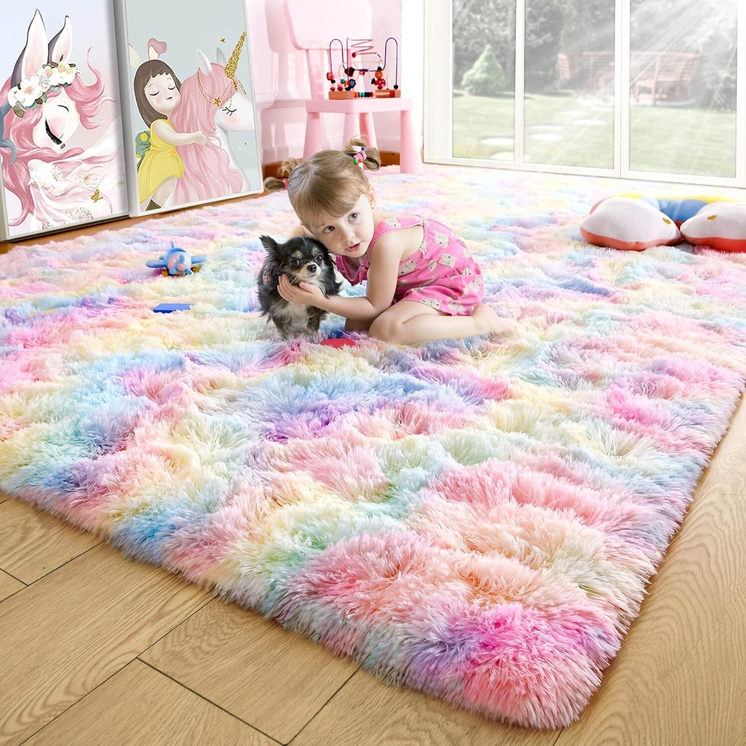 Vibrant 6x9 Fluffy Rainbow Rug for Kids' Playroom & Girls' Bedroom Decor