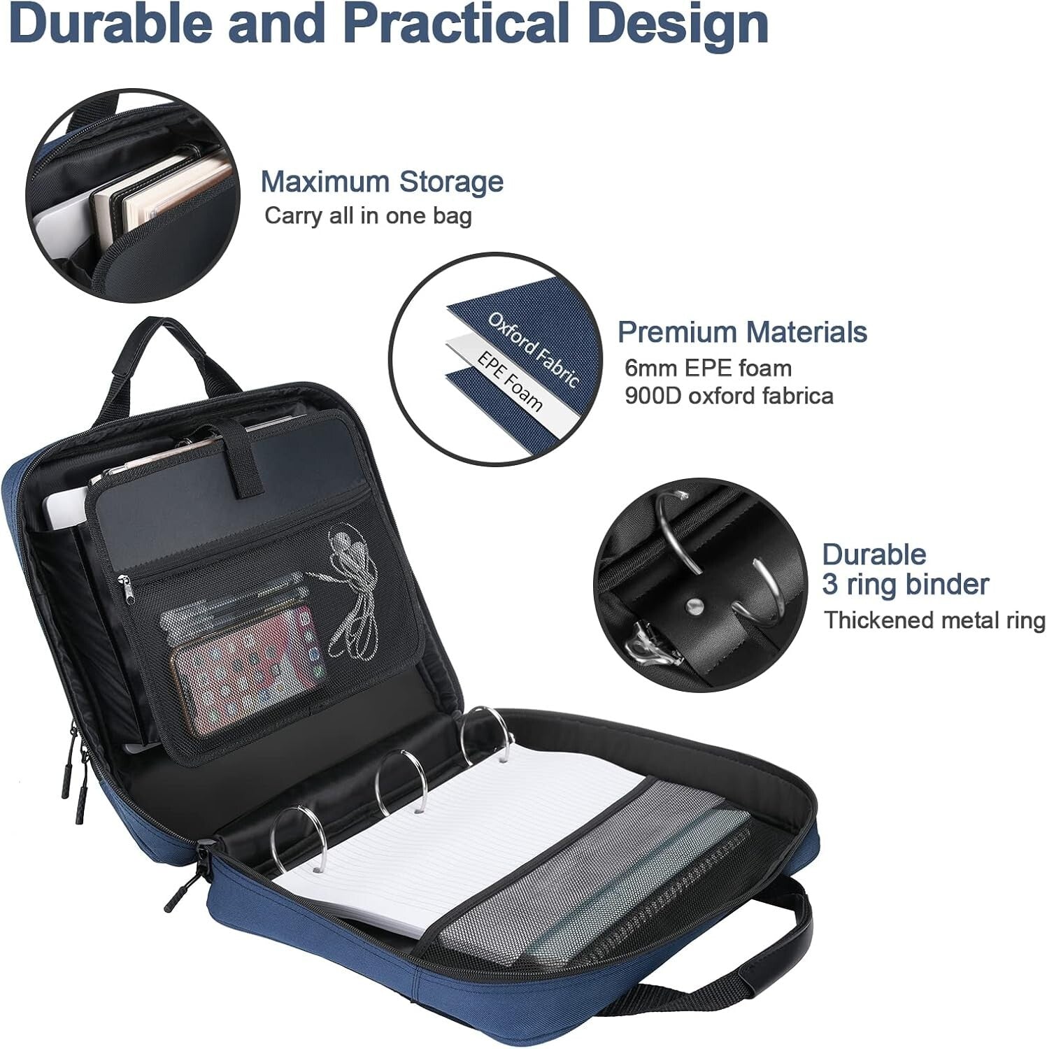 Dark Blue 3-Ring Zipper Binder with Multiple Pockets & Comfortable Strap