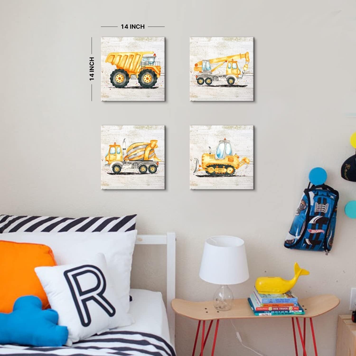Eco-Friendly Construction Vehicle Canvas Art Set for Kids Room - 14x14 Inches