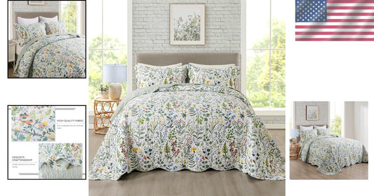 Soft Microfiber King Size Quilt Set - 3-Piece Floral Bedding for Year-Round Use