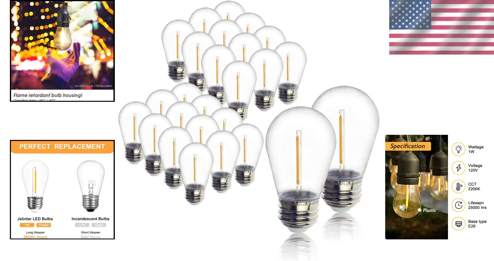 48-Pack Waterproof LED Edison Bulbs - Long-Lasting 1W Warm White Light Solution