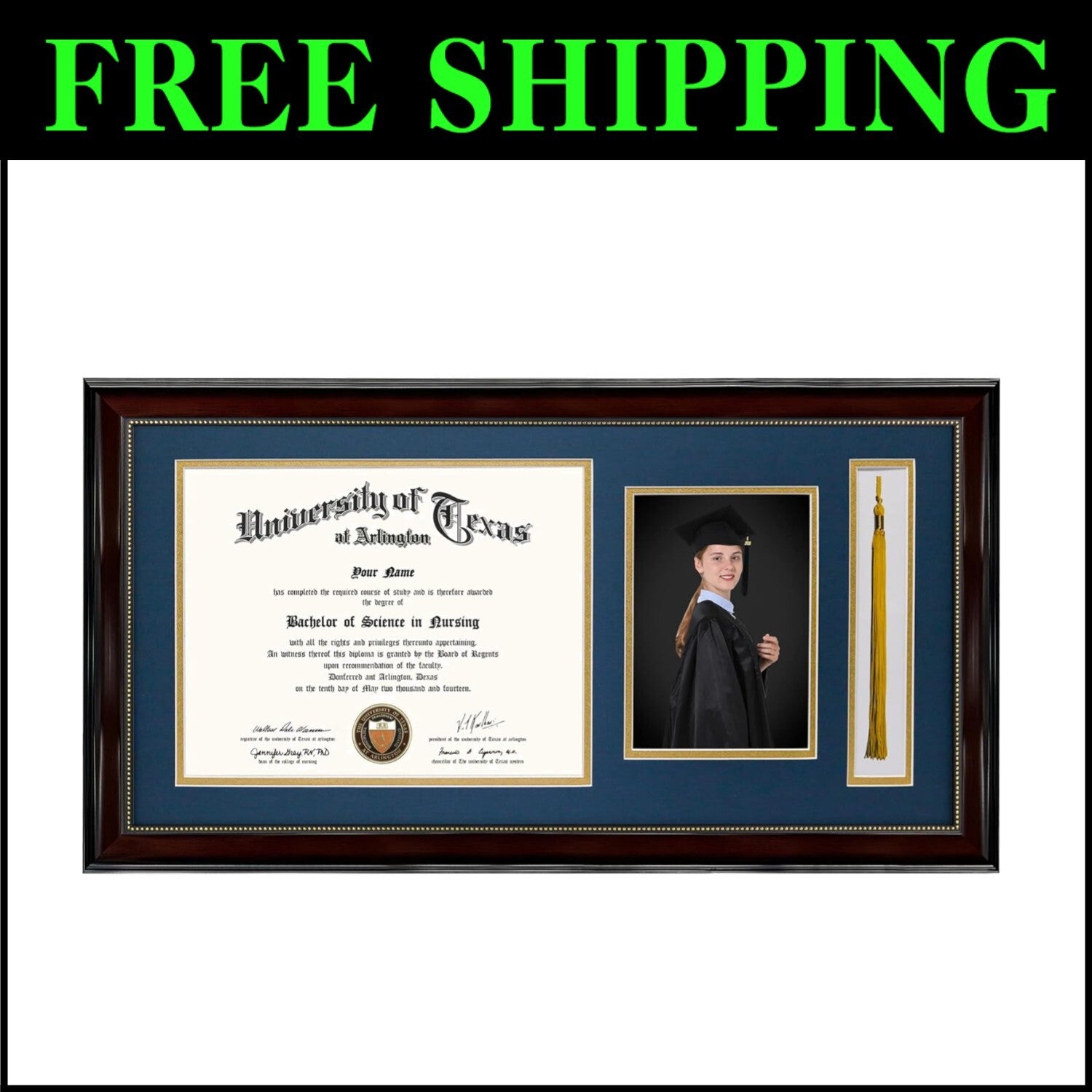 Elegant 11x22 Mahogany Diploma Frame with Tassel Holder and Navy Gold Mat