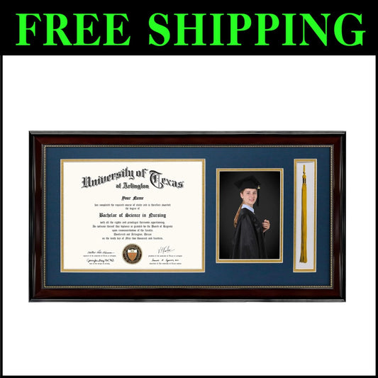 Elegant 11x22 Mahogany Diploma Frame with Tassel Holder and Navy Gold Mat