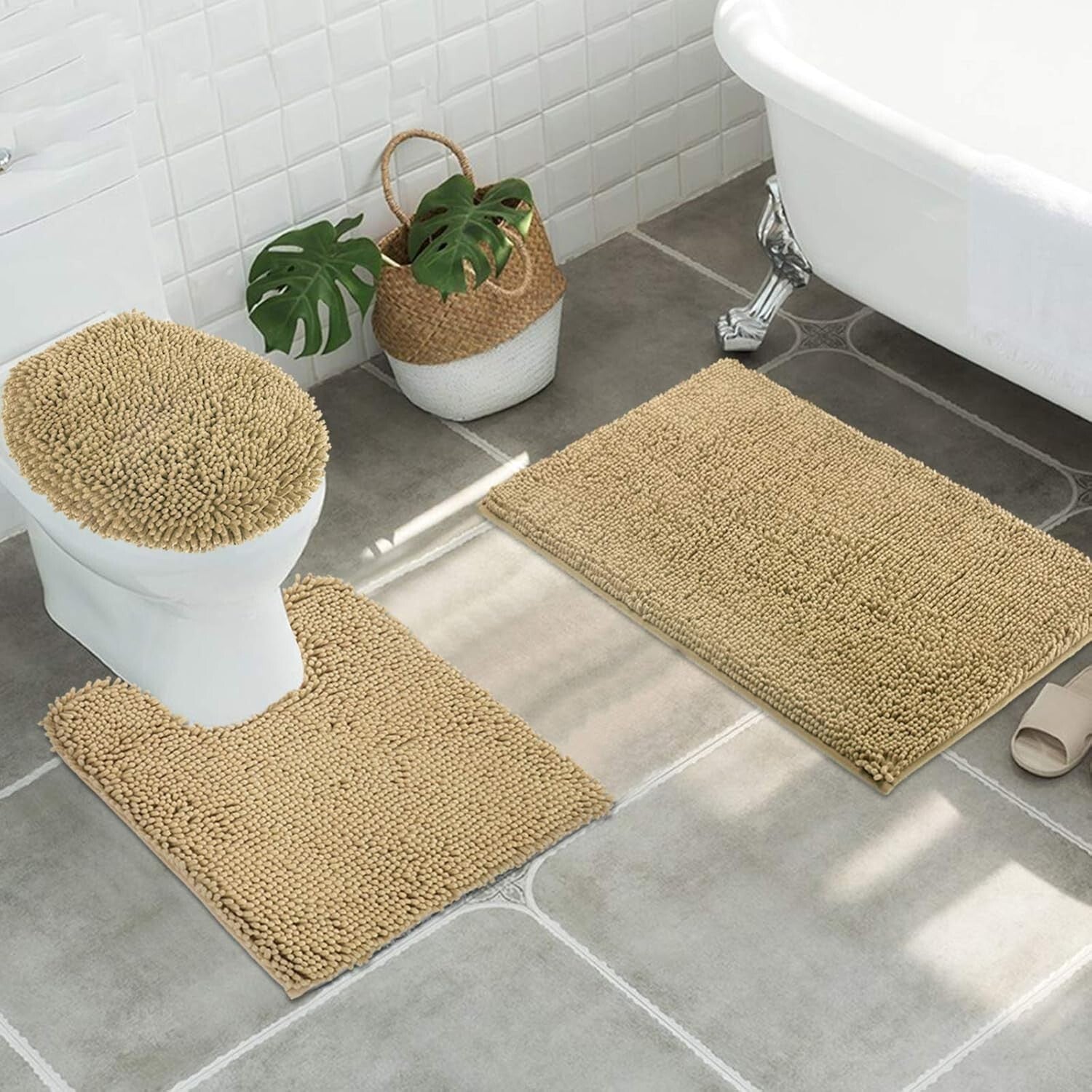 3pc Non-Slip Shaggy Chenille Bath Mat Set in Beige with Toilet Rug and Lid Cover