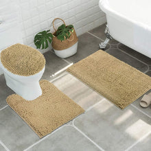 Load image into Gallery viewer, 3pc Non-Slip Shaggy Chenille Bath Mat Set in Beige with Toilet Rug and Lid Cover