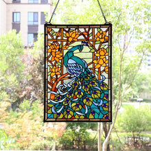Load image into Gallery viewer, Rectangular Tiffany Stained Glass Peacock Panel with 30" Chain - Handmade Beauty