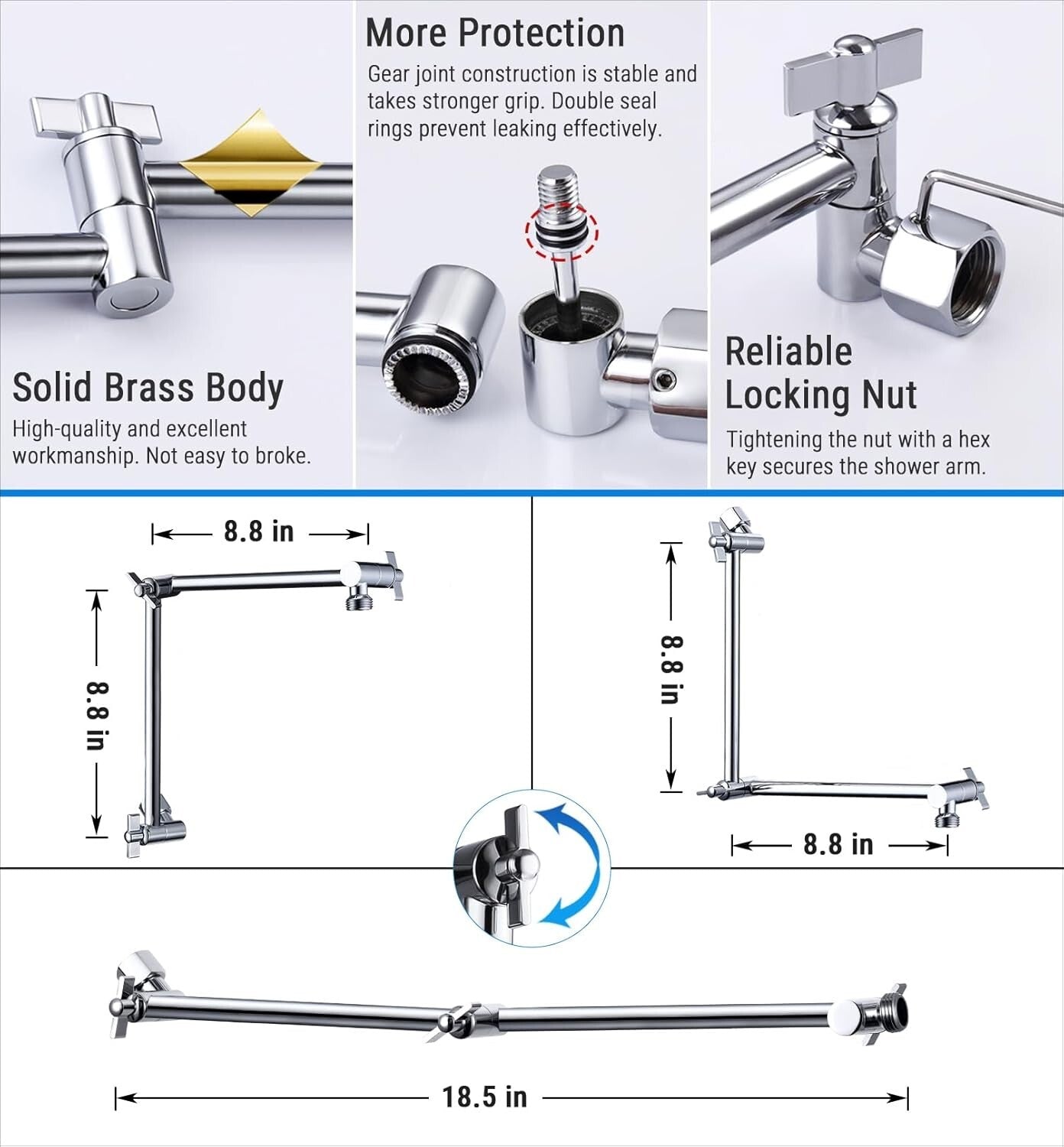 Easy Install 18 Inch Chrome Shower Head Extension - Solid Brass & Adjustable