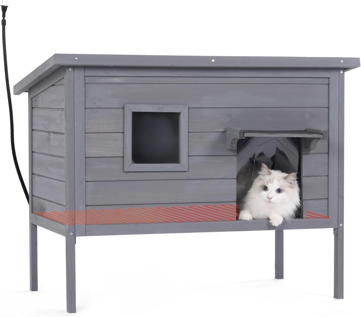 Heated Cat House - Cozy Shelter for Indoor & Outdoor Cats in Grey, Large