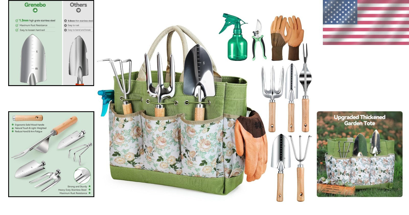 9-Piece Heavy Duty Gardening Tools Set with Floral Organizer Bag - Perfect Gift
